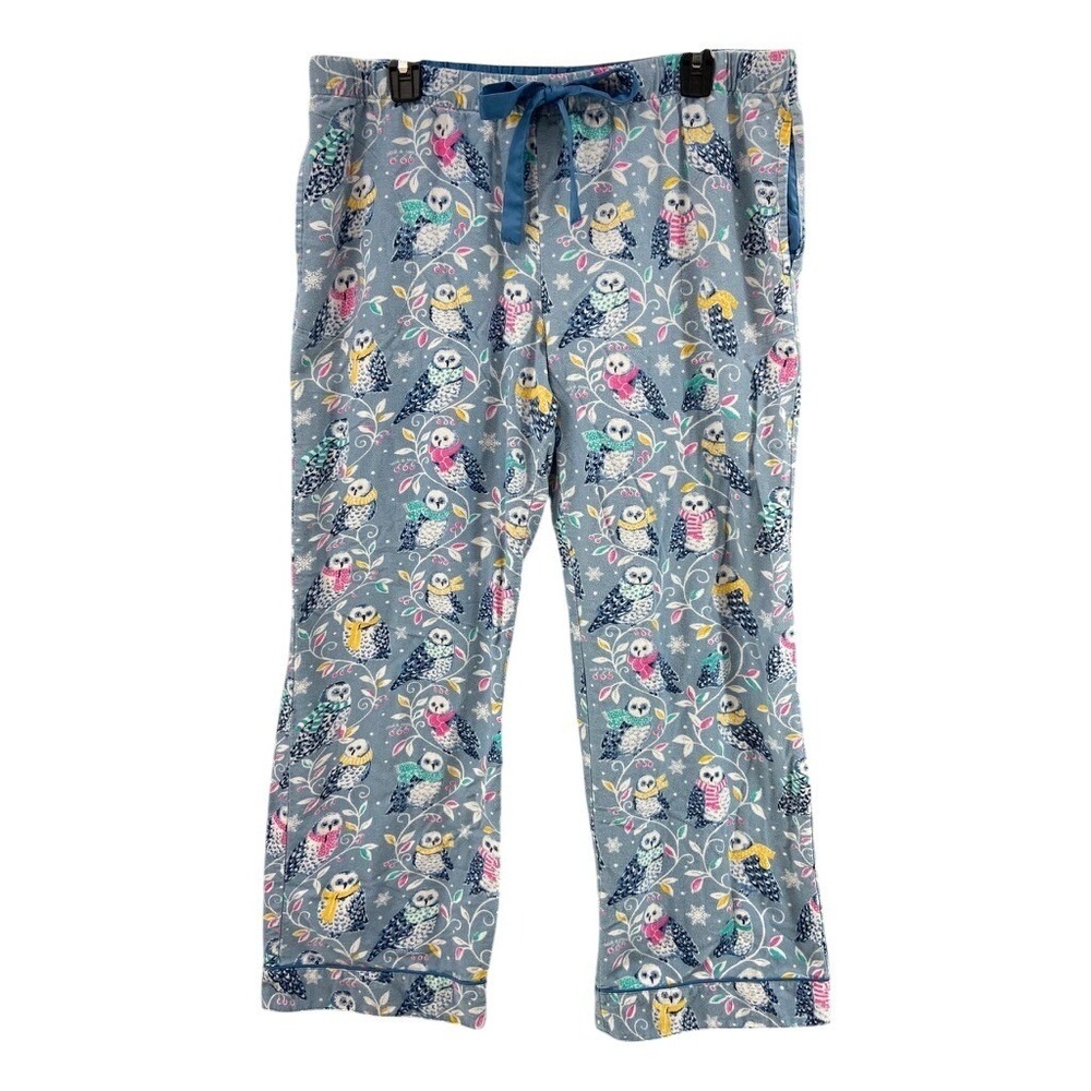 Nick & Nora Pajama Pants Womens L Blue Snow Owl Flannel‎ Sleepwear Pocket VTG